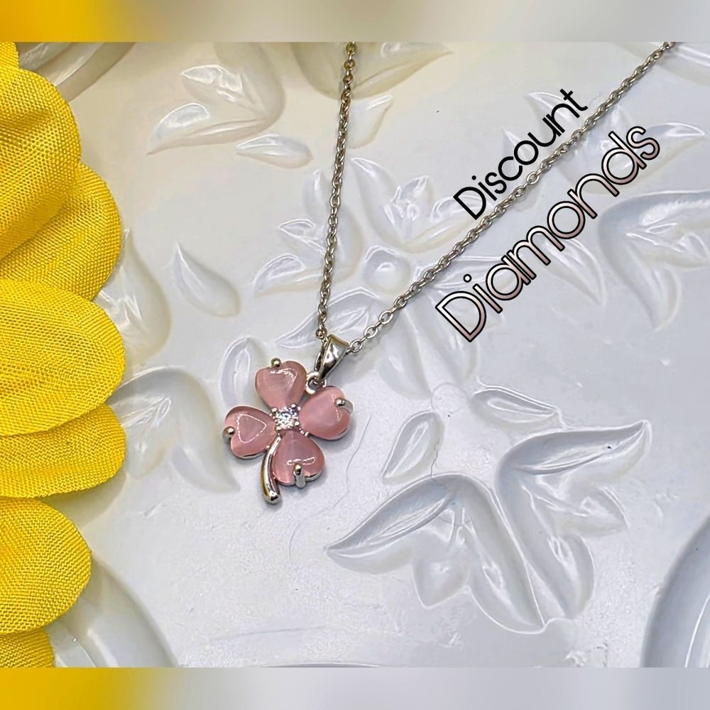 Four Leaf Clover Pink Cat's Eye Pendant Choker Necklace 925 Silver